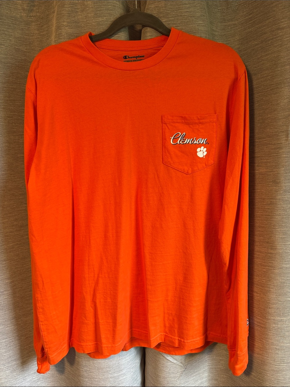 Champion Orange Long-Sleeve Pocket Tee with Clemson Script